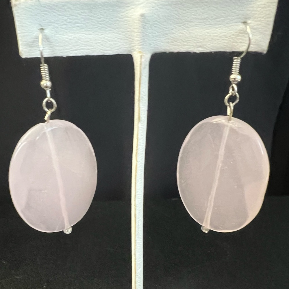 Oval Faceted Large Rose Quartz Earrings on Silver Plated Silver Tone Hooks